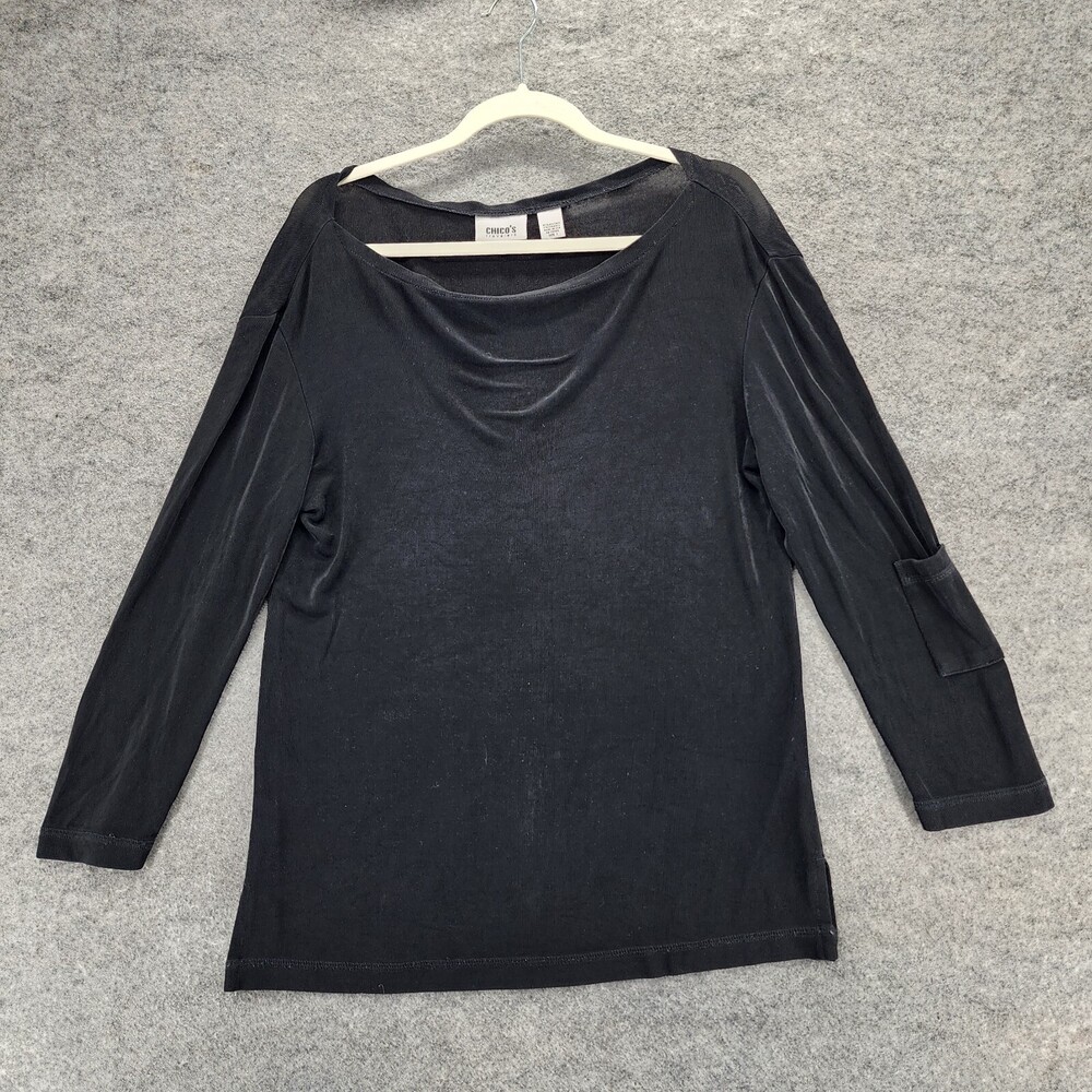 Chicos Travelers Blouse Womens Size Medium Long Sleeve Black Shirt